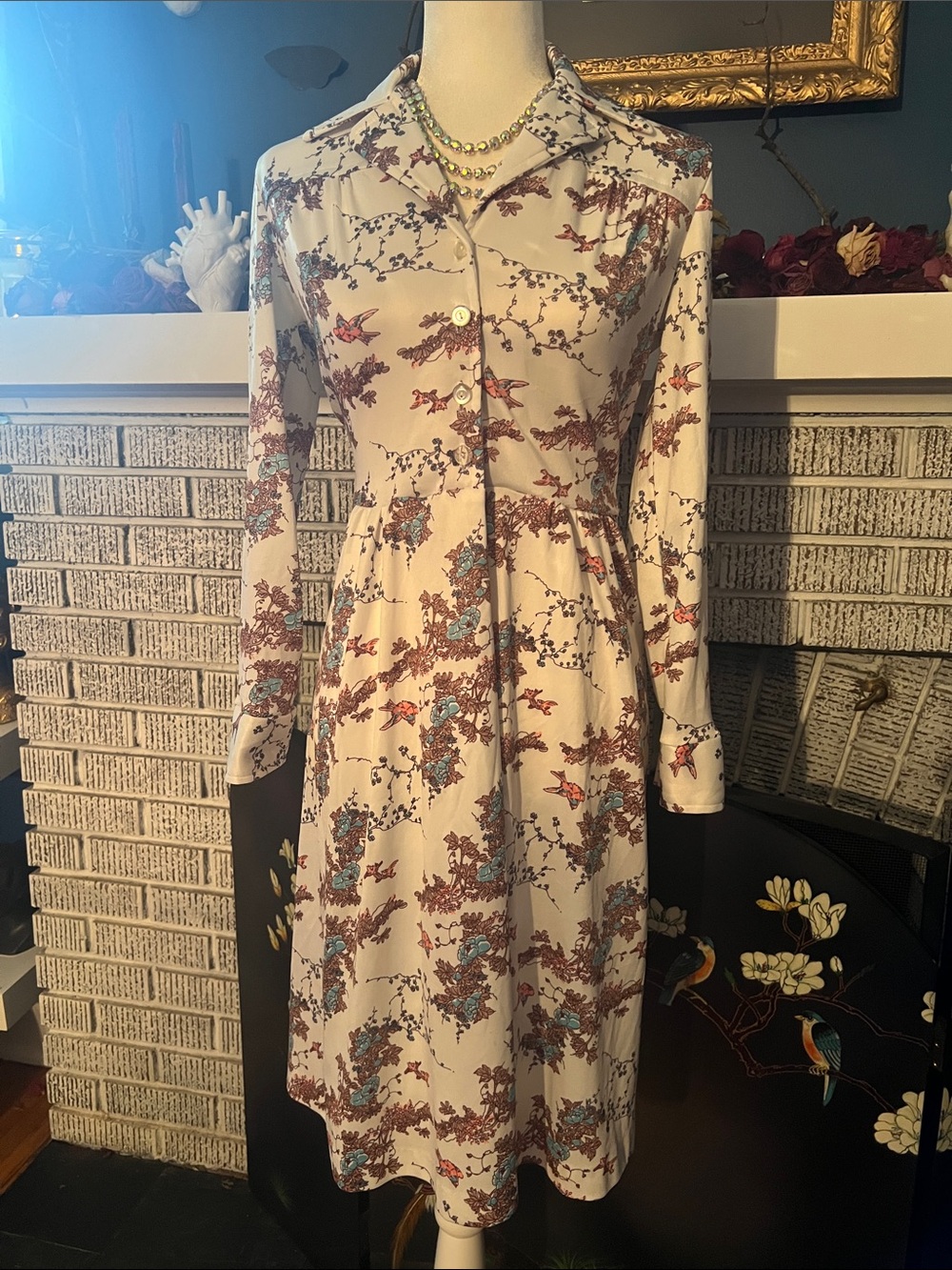 Vintage Long-Sleeve Cream Bird and Floral Print Button-Front Dress